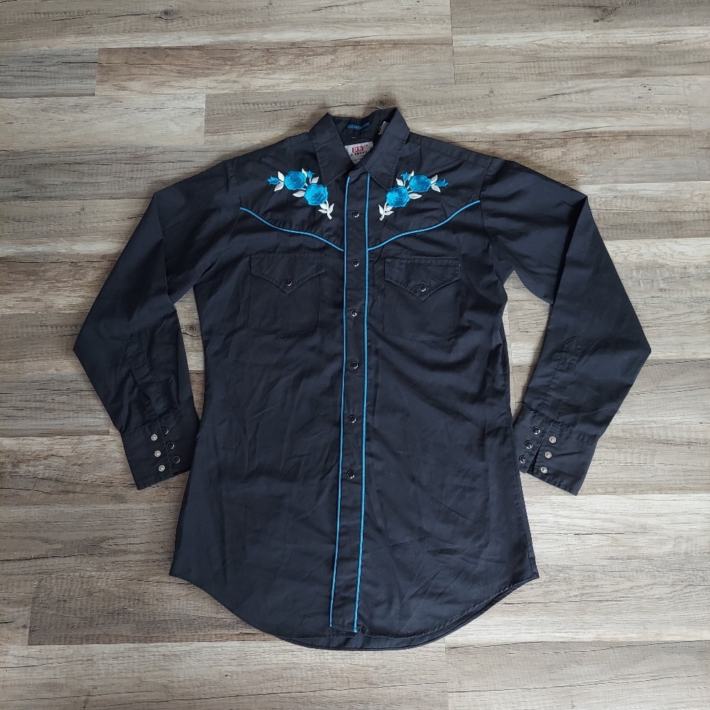 Vintage Ely Diamond Rose Embroidered Western Shirt Small Black Blue
